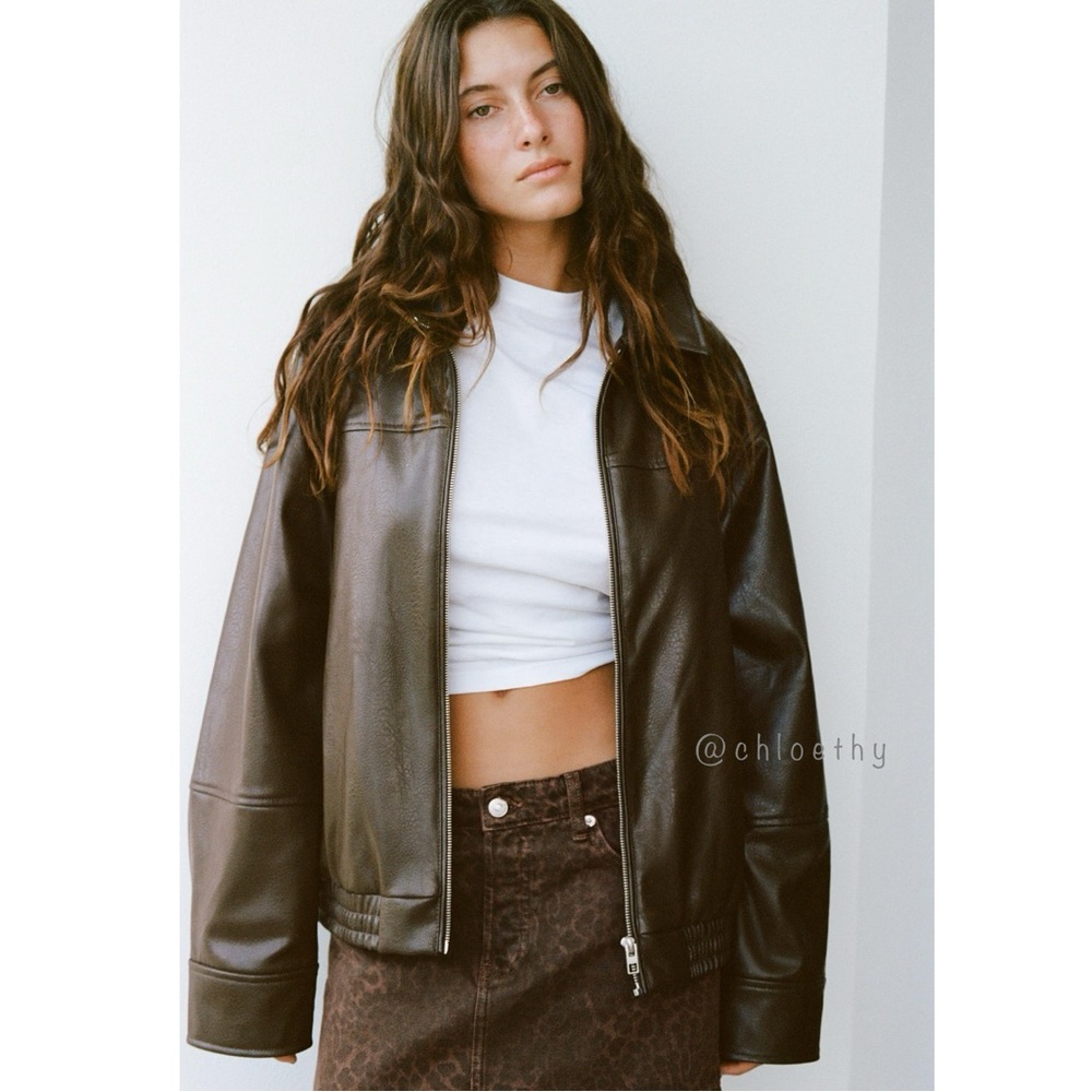 Zara Dark Brown Faux Leather Bomber Jacket